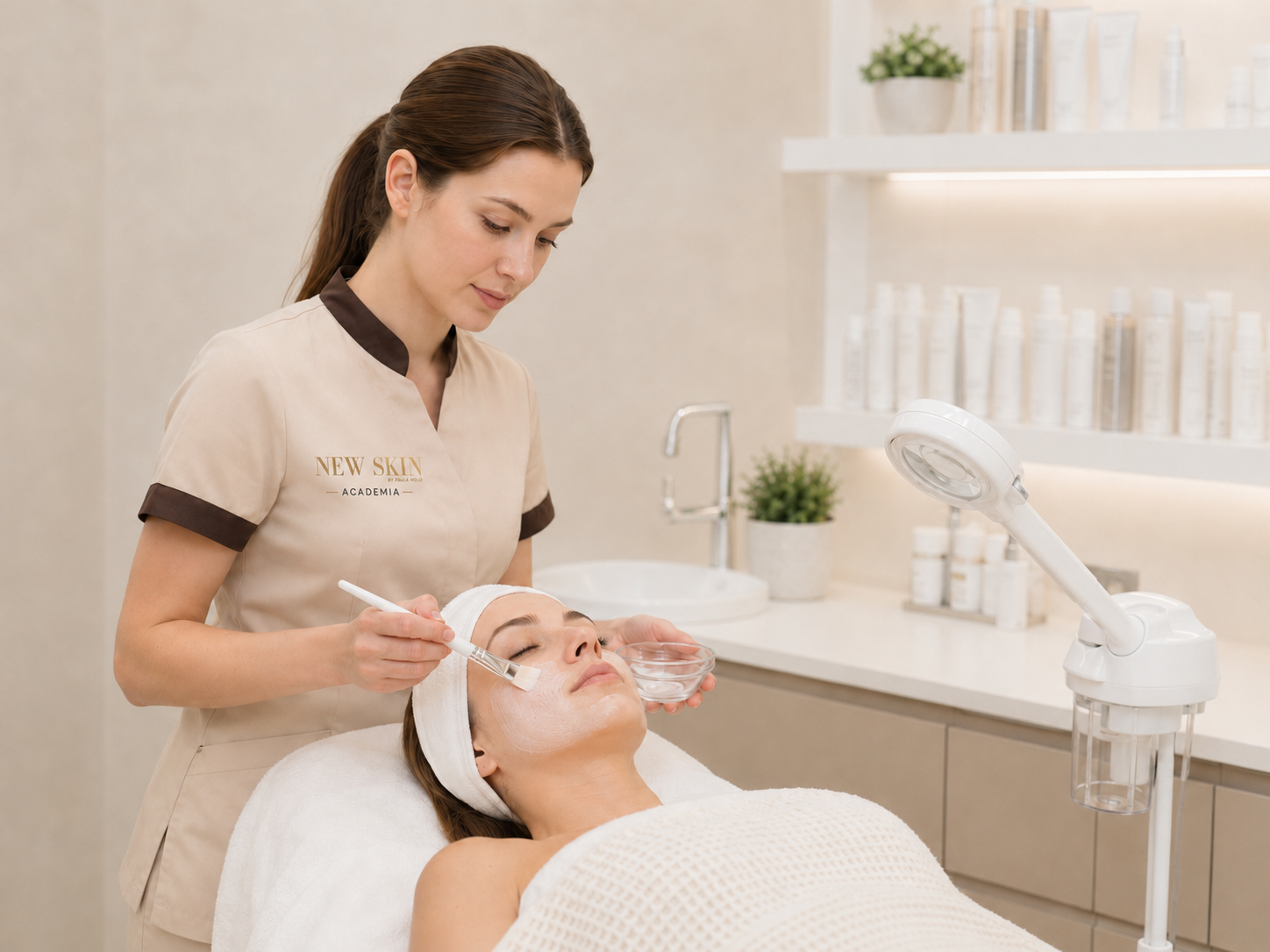 Aplicación de química cosmética en cabina dermatológica.