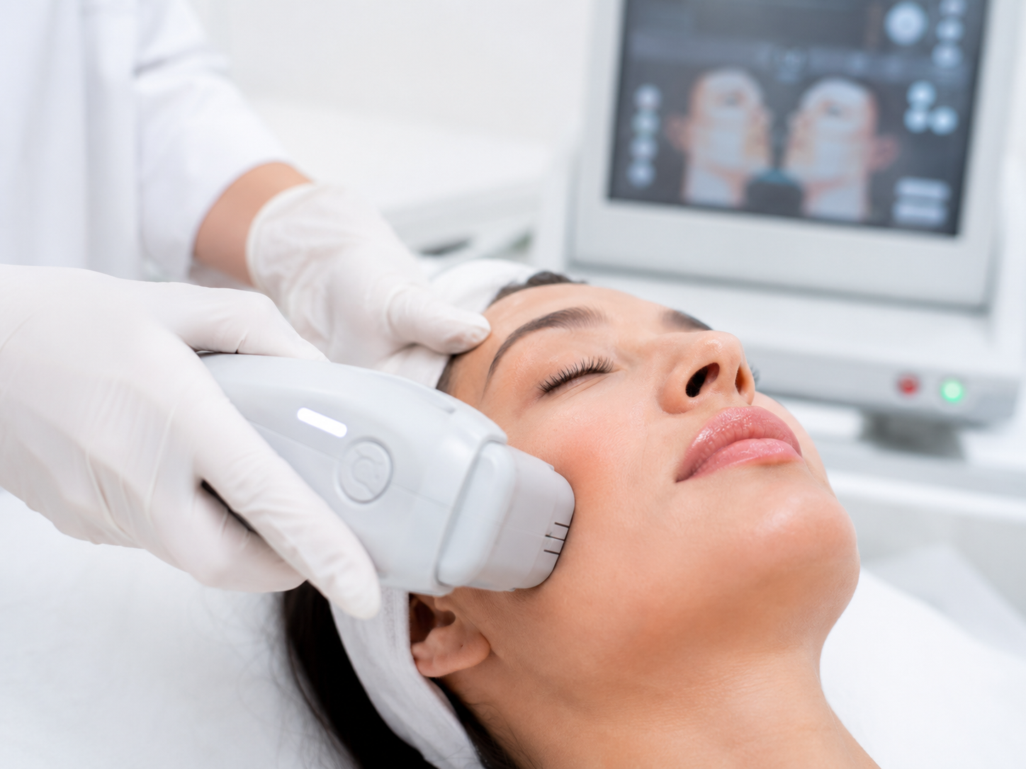 Especialista en cabina estética operando tecnología
